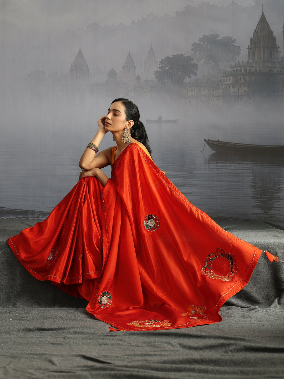 Libas Orange Embellished Satin Saree with Applique Work