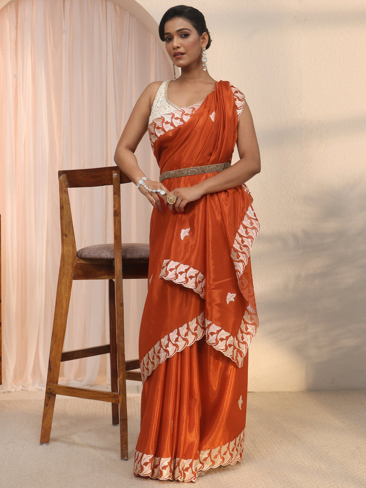 Libas Orange Embroidered Satin Saree