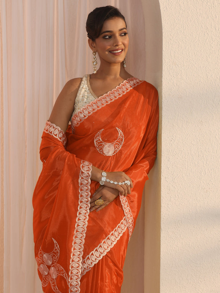 Libas Orange Ethnic Embroidered Satin Saree
