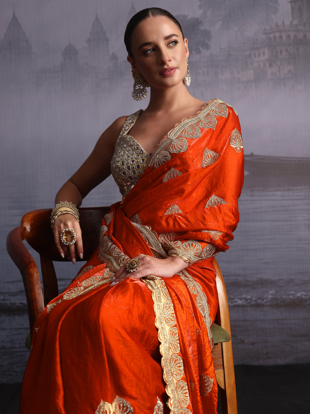 Libas Orange Ethnic Embroidered Stone Work Tissue Saree