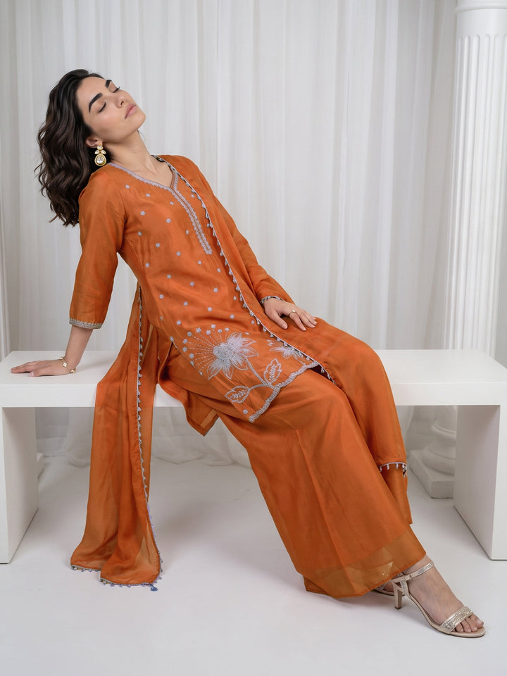 Libas Orange Floral Embellished Chinon Palazzo Suit Set