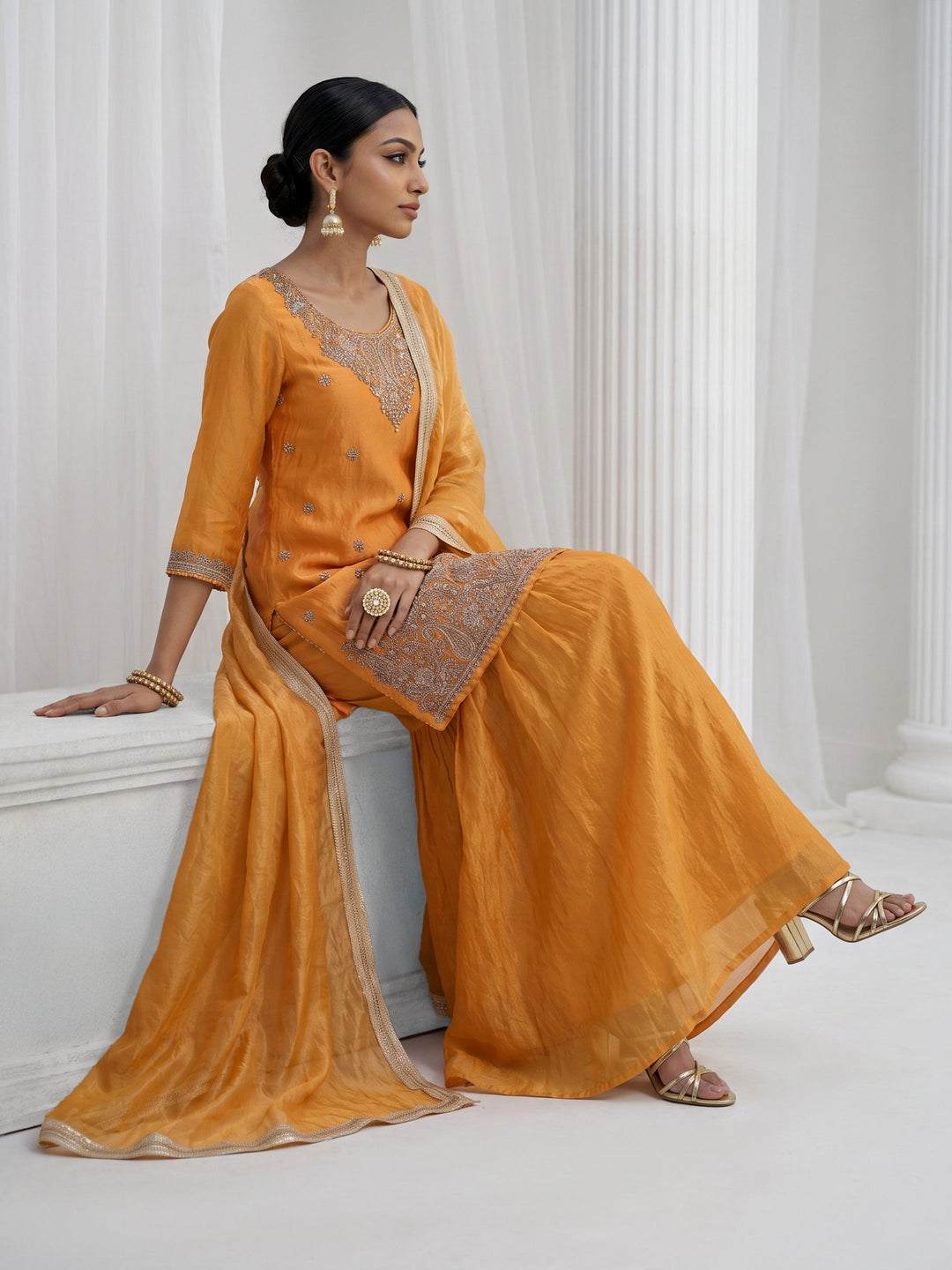 Libas Orange Floral Embellished Tissue Palazzo Suit Set