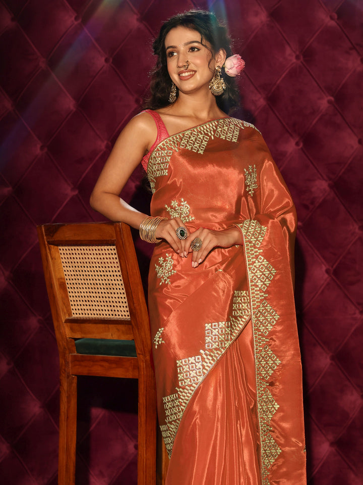 Libas Orange Floral Embroidered Satin Saree