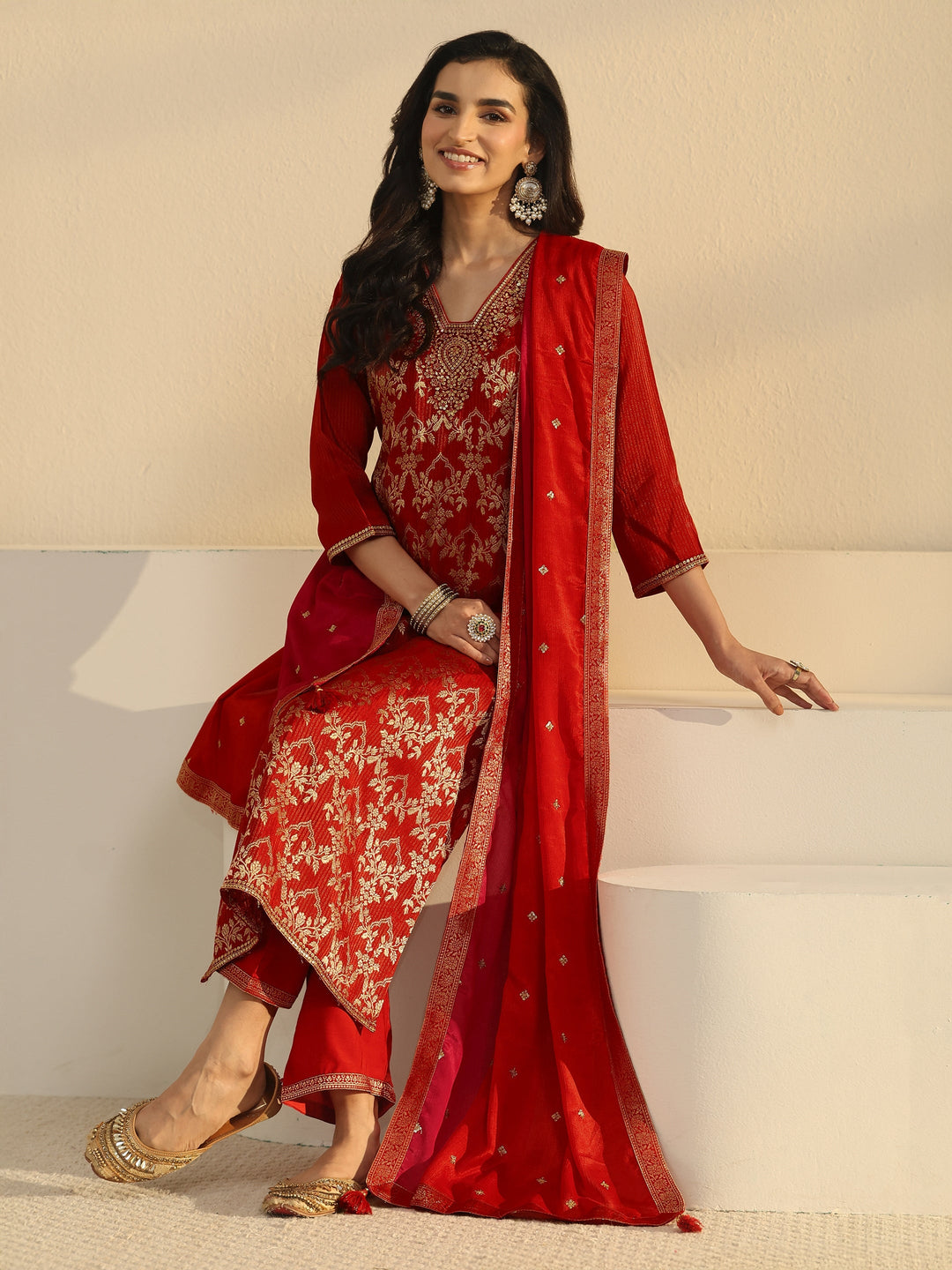 Libas Orange Floral Embroidered Silk Blend Straight Suit Set