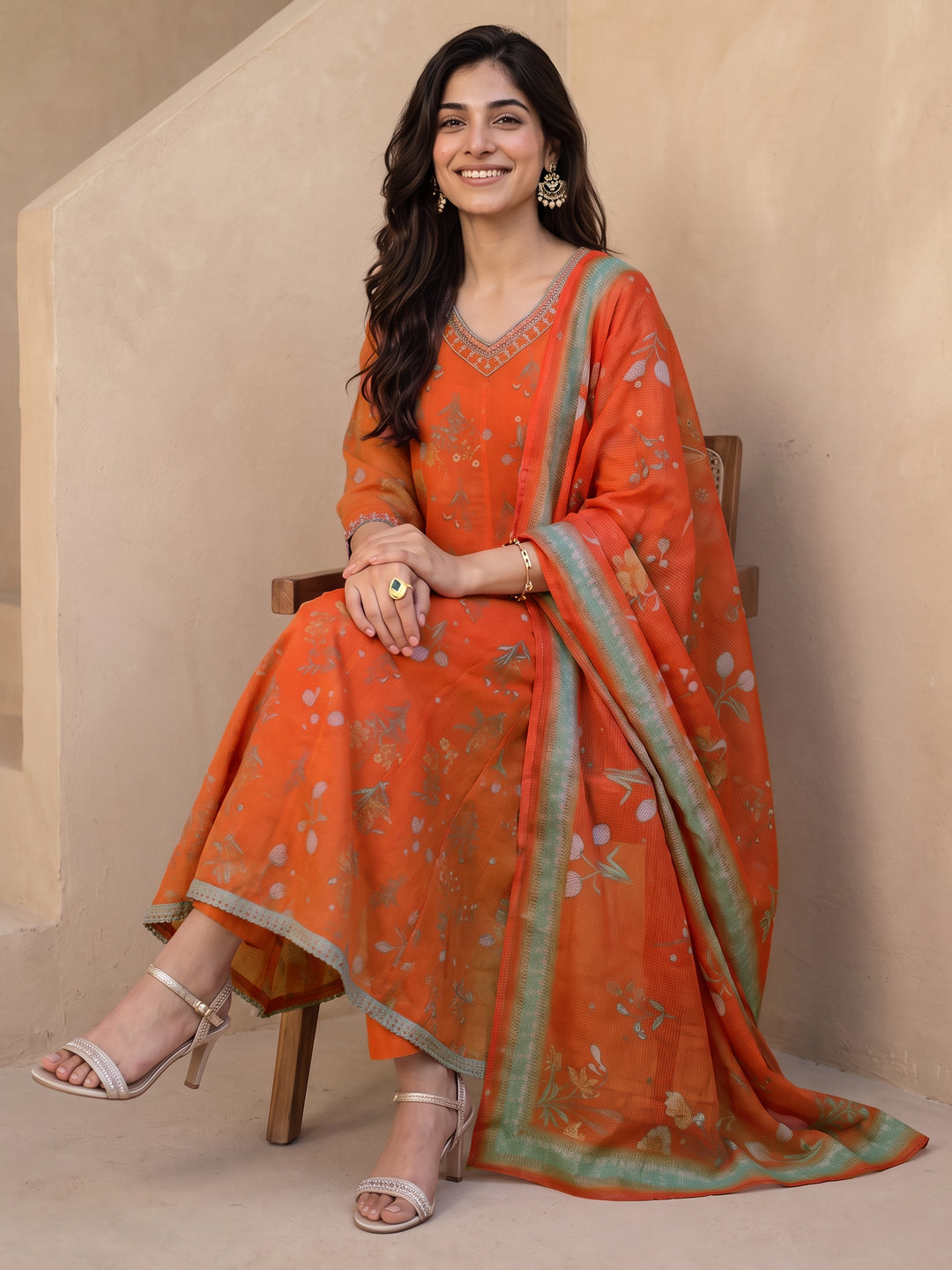 Libas Orange Floral Printed Chiffon Anarkali Suit Set