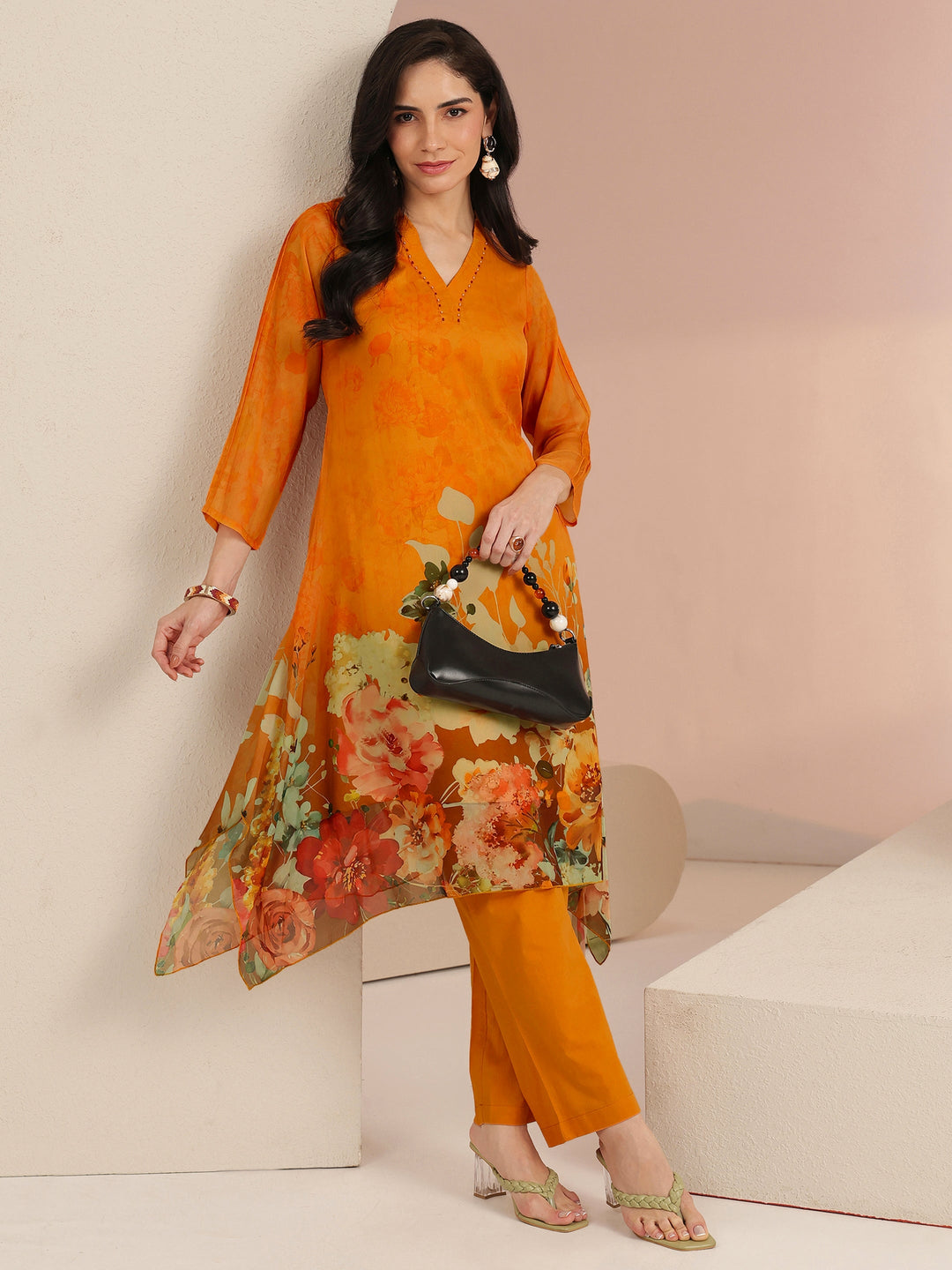 Libas Orange Floral Printed Chiffon High Low Kurta Set