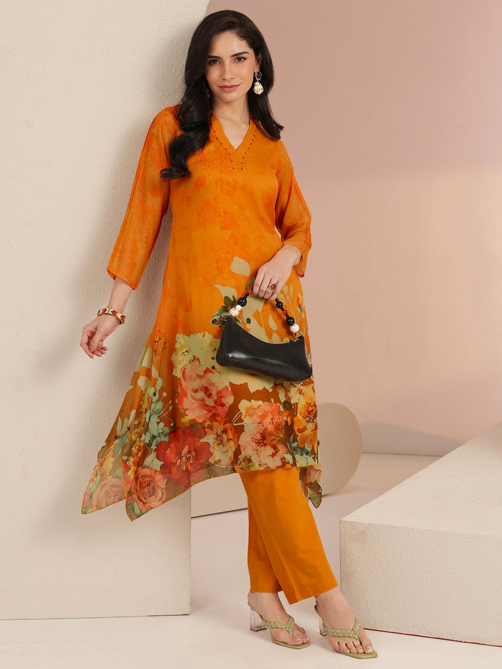 Libas Orange Floral Printed Chiffon High Low Kurta Set