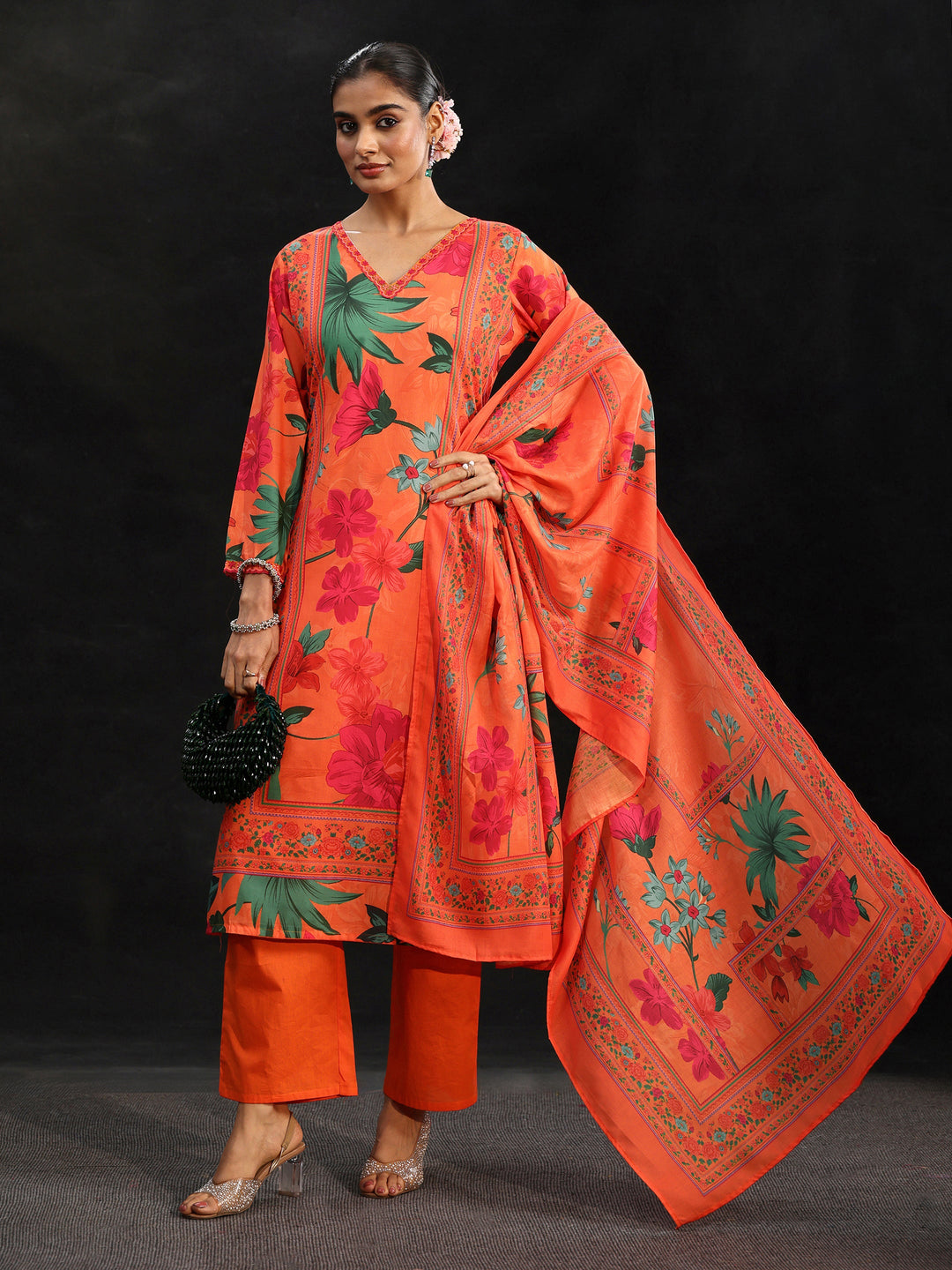 Libas Orange Floral Printed Cotton Blend Straight Suit Set