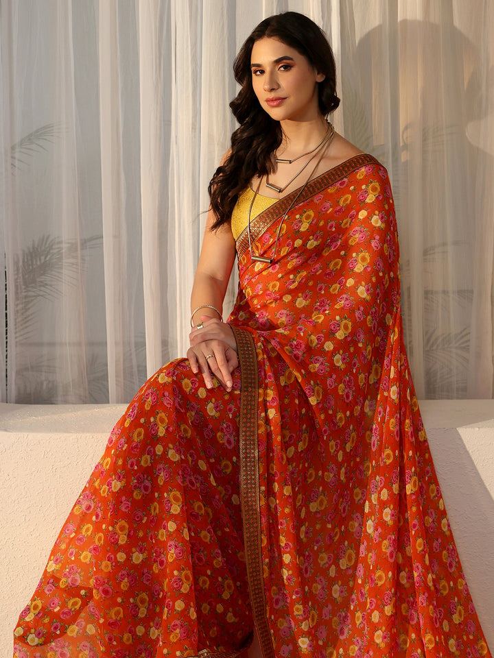 Libas Orange Floral Printed Georgette Saree