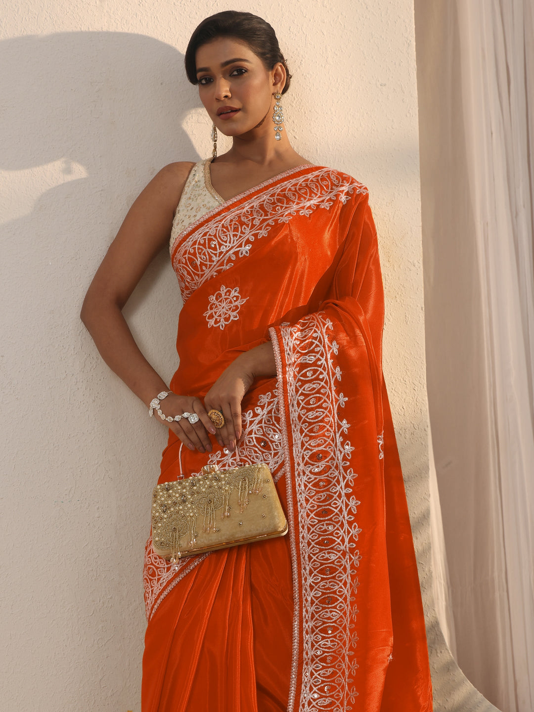 Libas Orange Floral Sequin Embellished Satin Saree