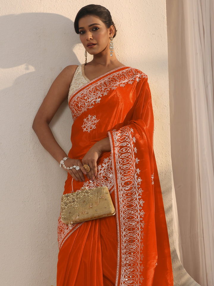 Libas Orange Floral Sequin Embellished Satin Saree
