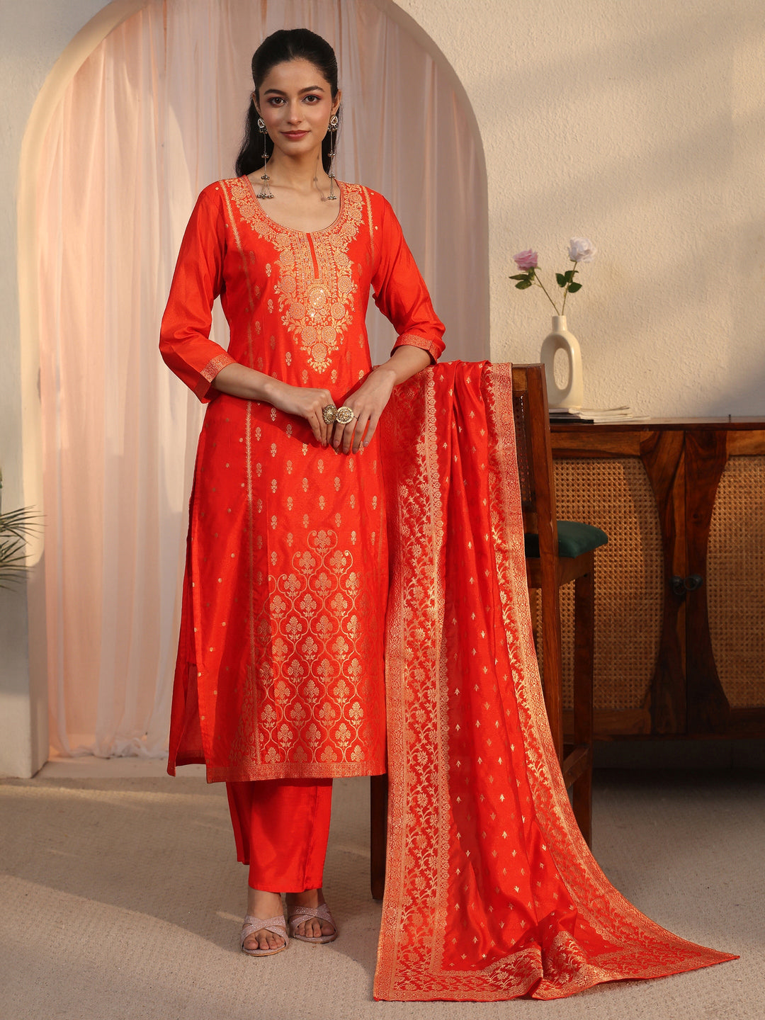 Libas Orange Floral Woven Design Chanderi Silk Straight Suit Set