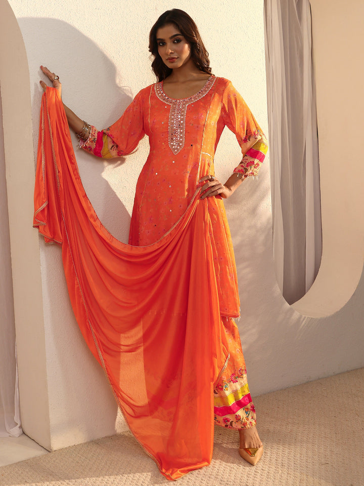 Libas Orange Floral Woven Design Chinon A-Line Suit Set