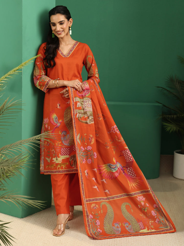 Libas Orange Heritage Print Cotton Straight Suit Set