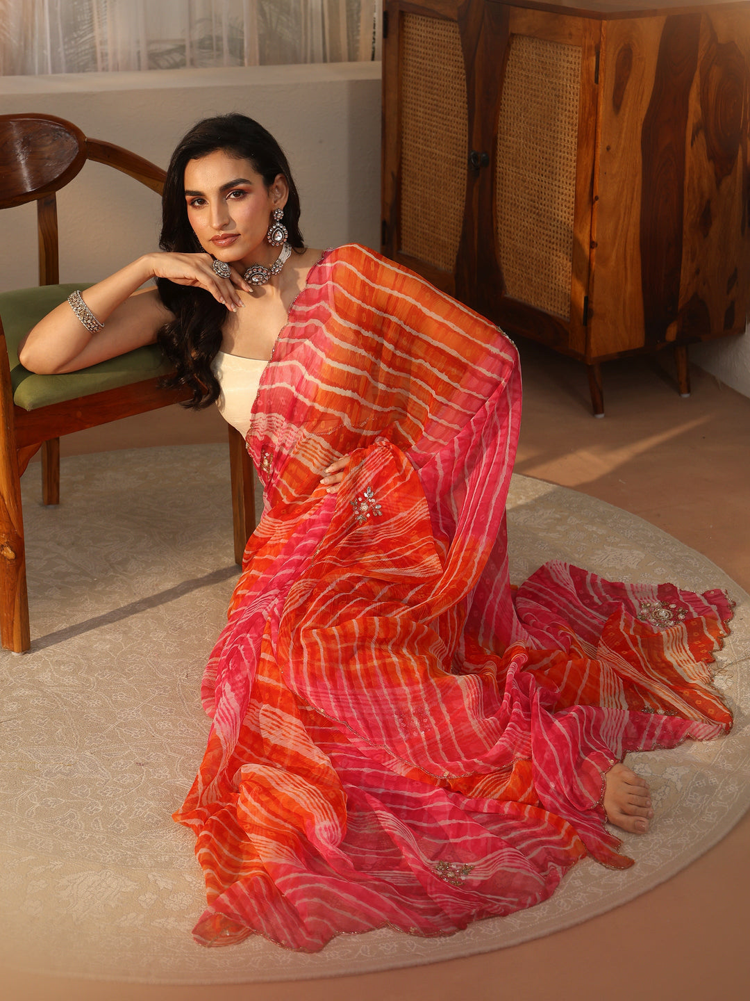 Libas Orange Leheriya Printed Chiffon Saree