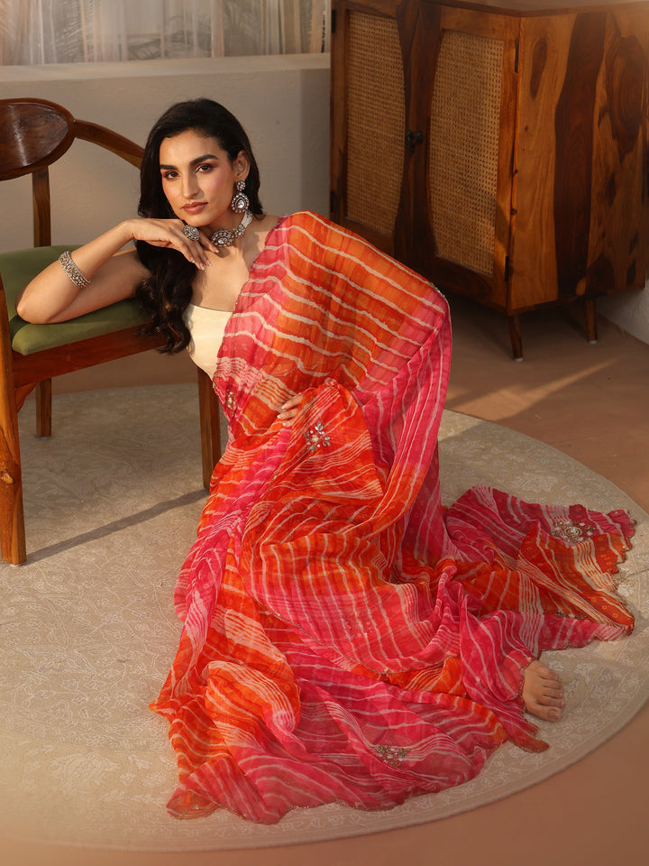 Libas Orange Leheriya Printed Chiffon Saree