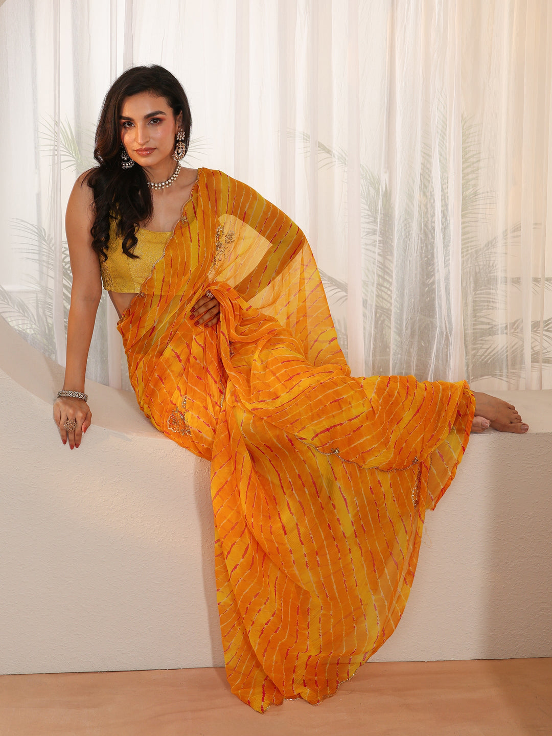 Libas Orange Leheriya Printed Chiffon Saree