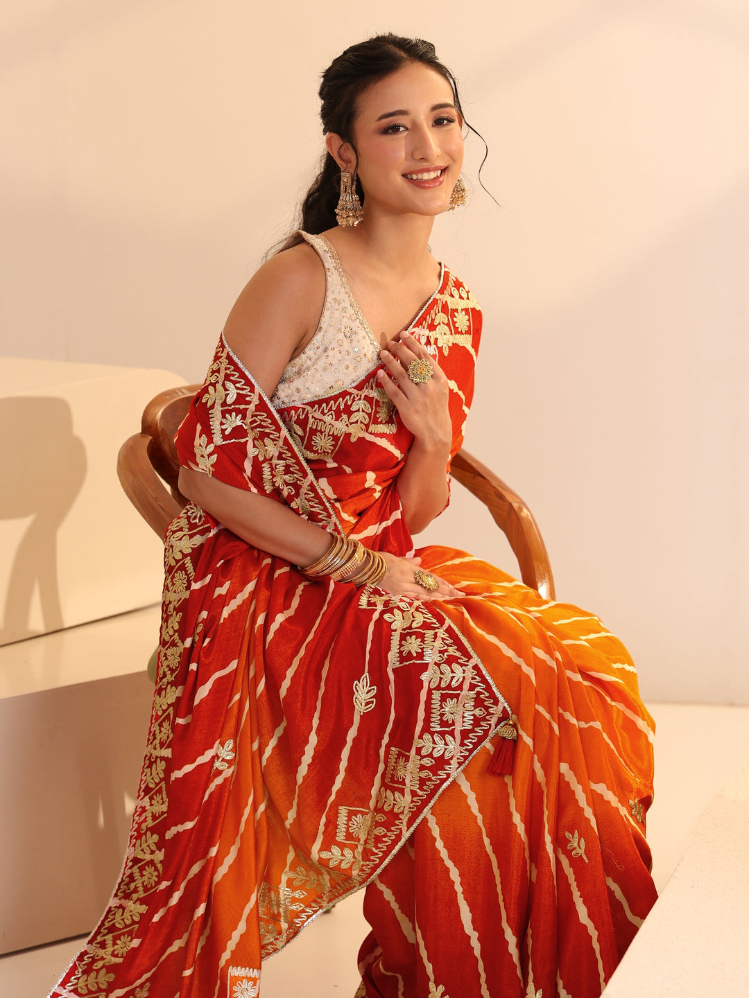 Libas Orange Leheriya Printed Ombre Silk Blend Saree