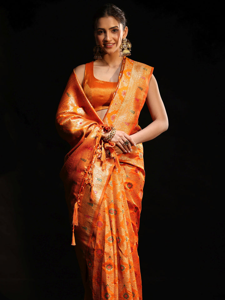 Libas Orange Meenakari Banarasi Silk Blend Saree