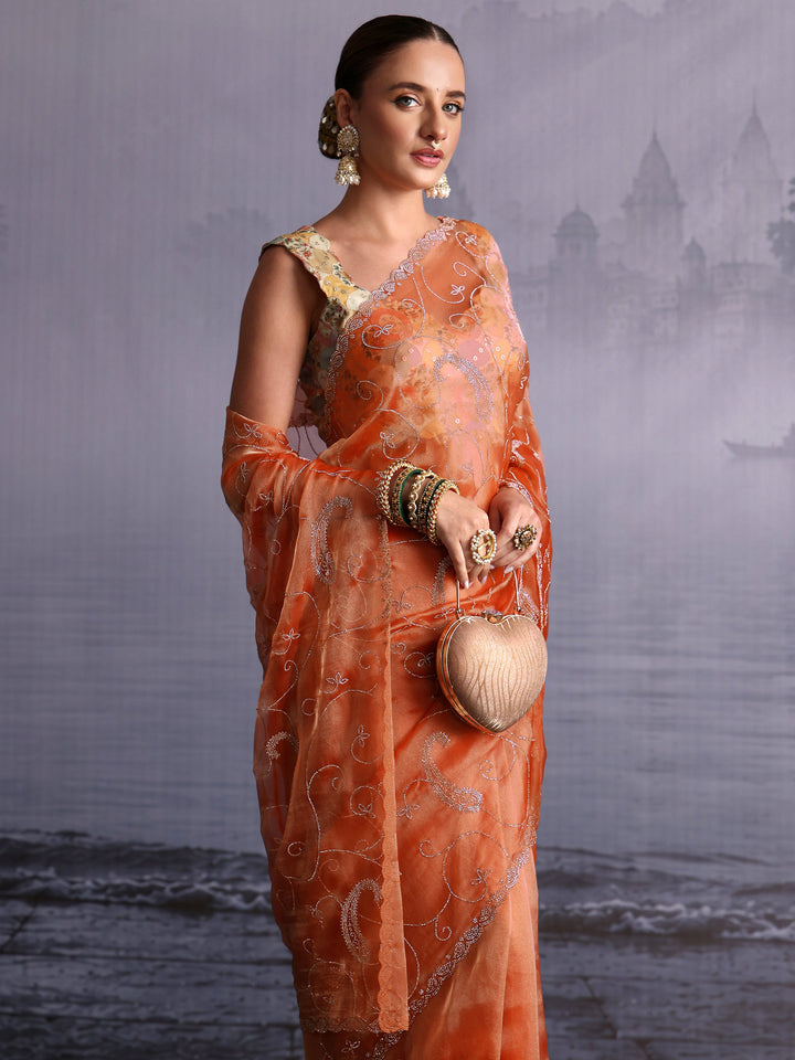 Libas Orange Paisley Stone Work Embellished Tissue Saree