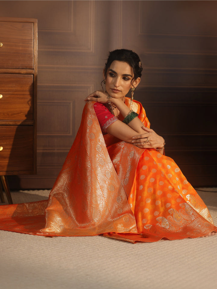 Libas Orange Paisley Woven Design Silk Blend Saree