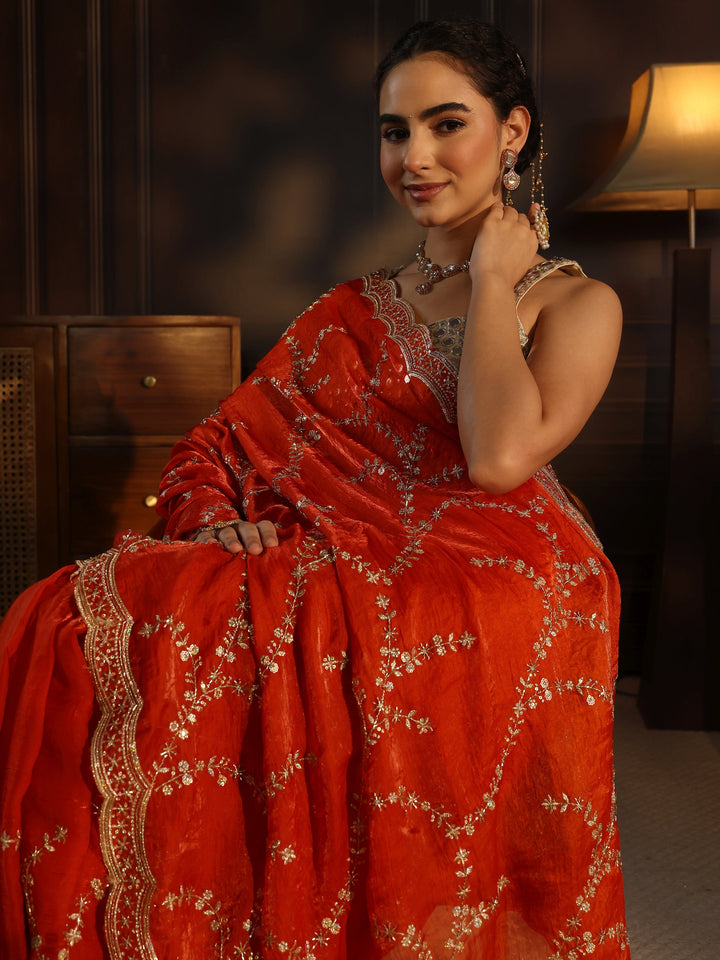 Libas Orange Sequin Embellished Tissue Saree with Scalloped Border