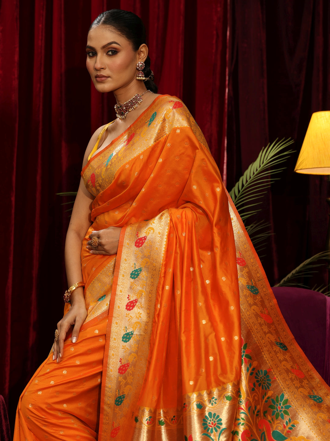 Libas Orange Silk Blend Paithani Saree