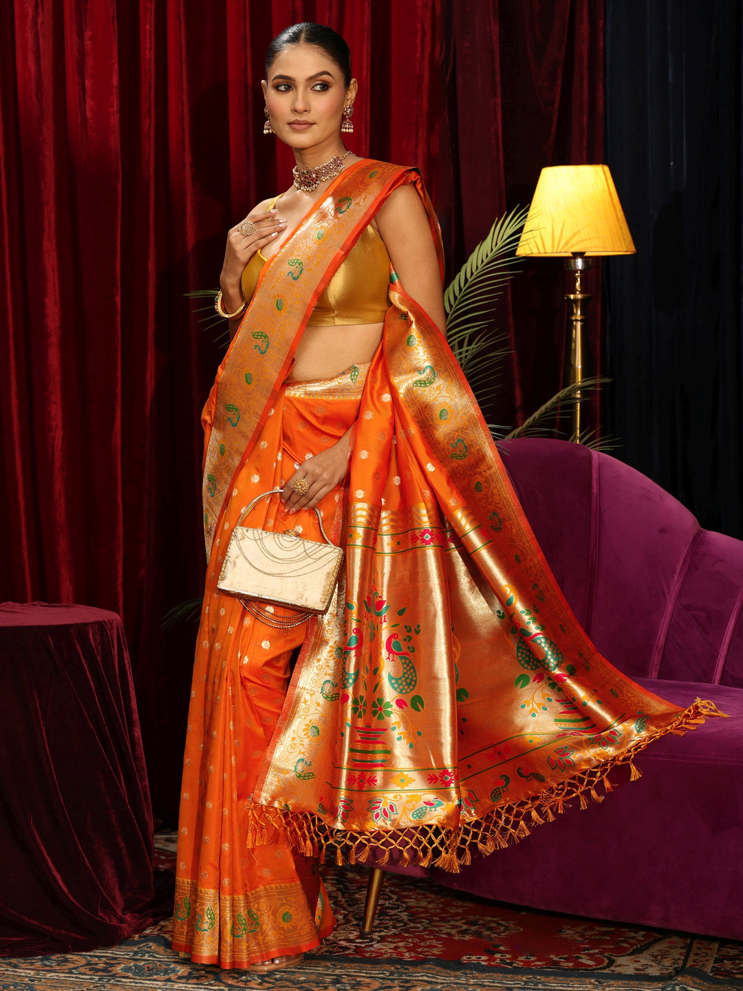 Libas Orange Silk Blend Paithani Tassel Saree