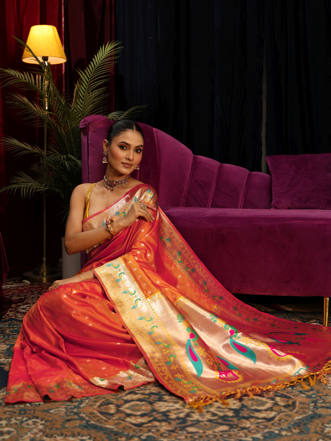 Libas Orange Silk Blend Paithani Tassel Saree