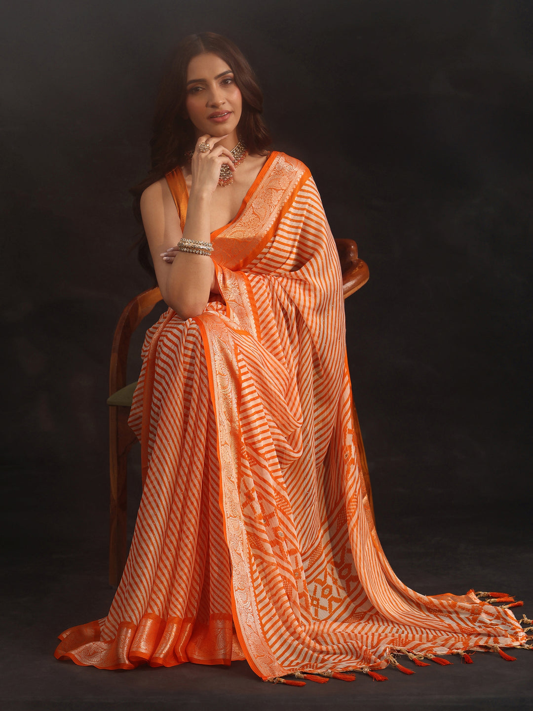 Libas Orange Striped Chiffon Saree with Paisley Border