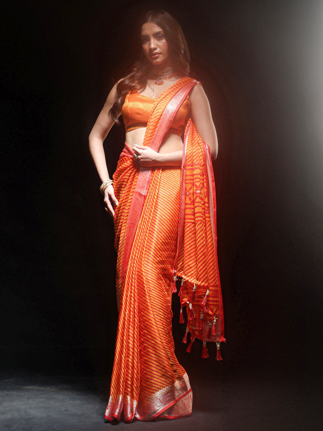 Libas Orange Striped Chiffon Saree with Paisley Border