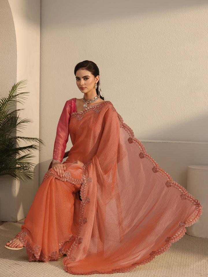 Libas Orange Tissue Saree with Embellished Scalloped Border
