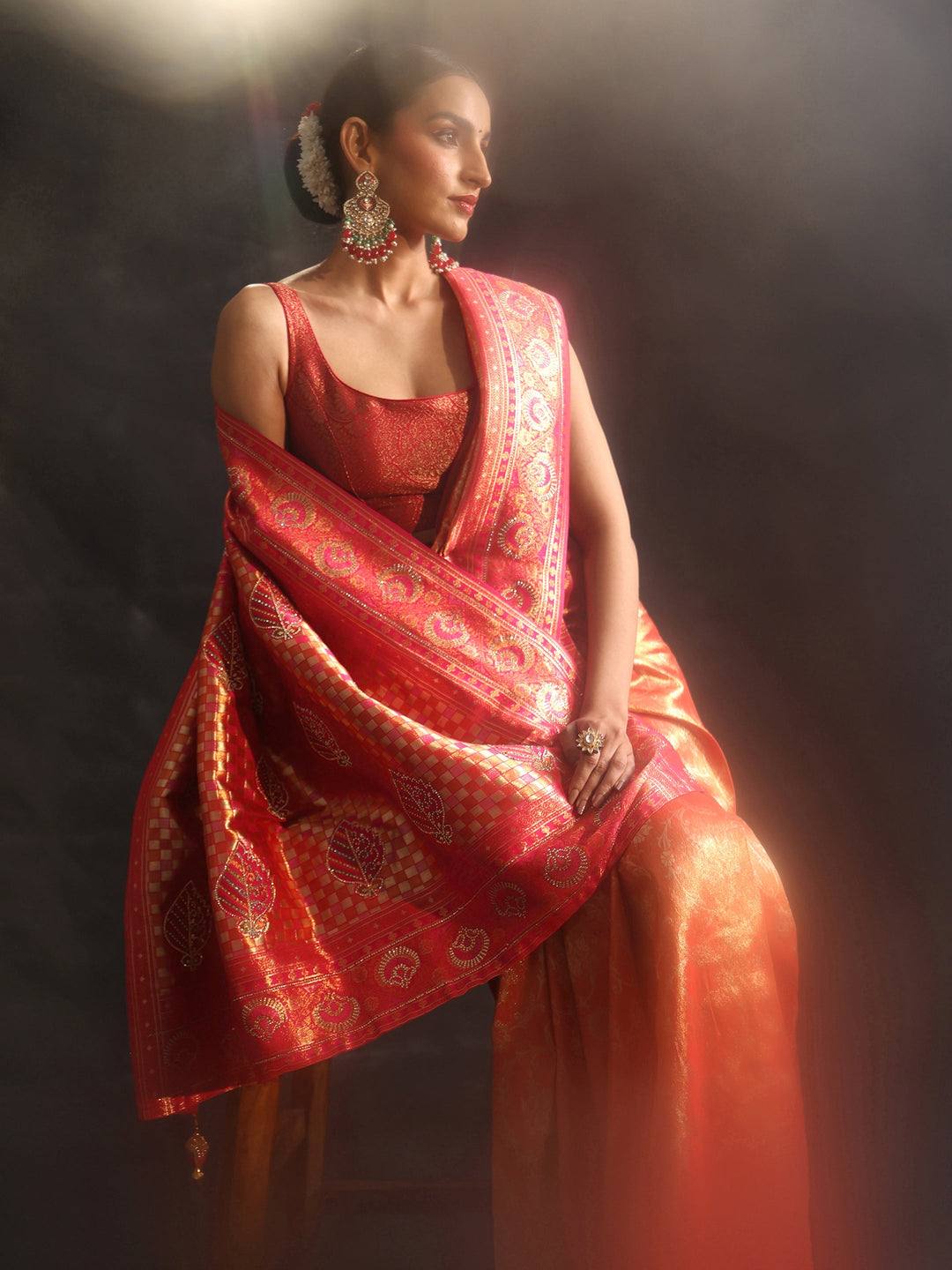 Libas Orange Woven Design Silk Blend Saree with Embellished Border