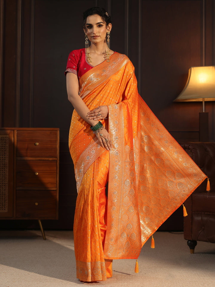 Libas Orange Woven Design Silk Blend Tassel Saree