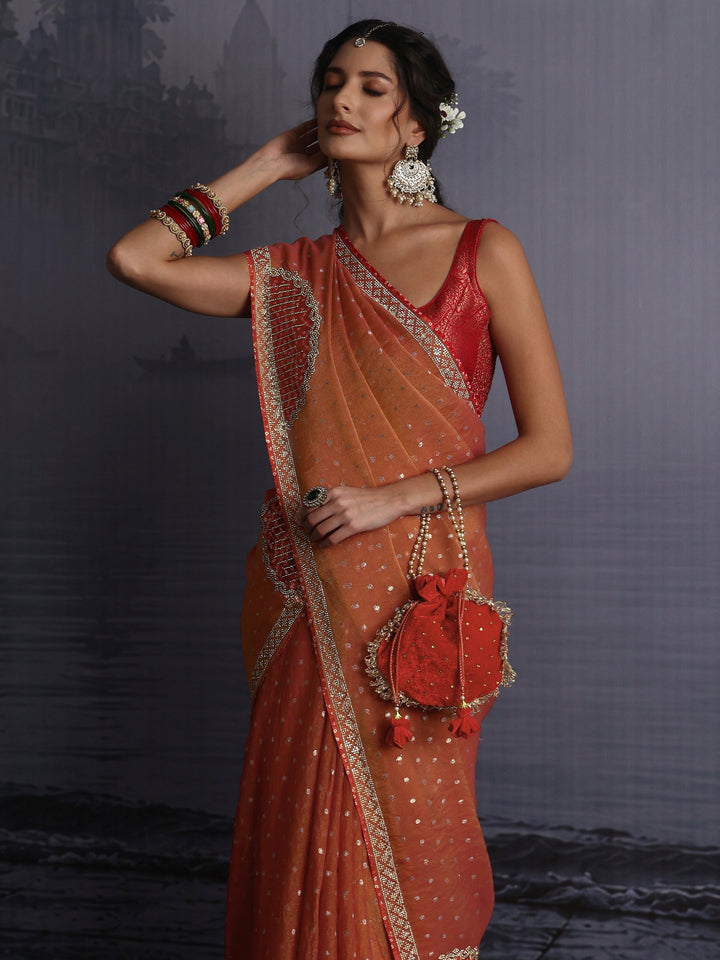 Libas Orange Woven Design Tissue Saree with Applique Work