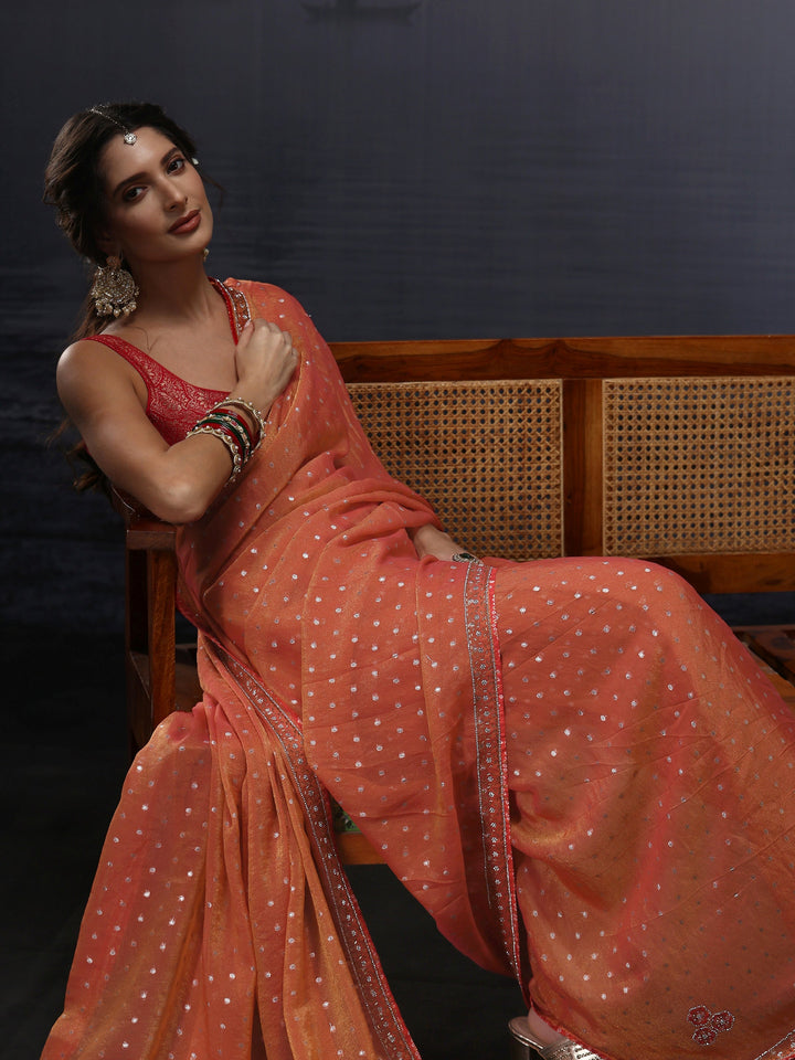 Libas Orange Woven Design Tissue Saree with Stone Work