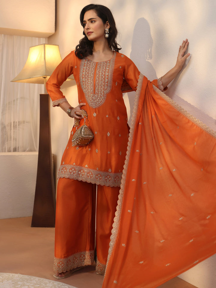 Libas Orange Yoke Design Embroidered Chinon Palazzo Suit Set