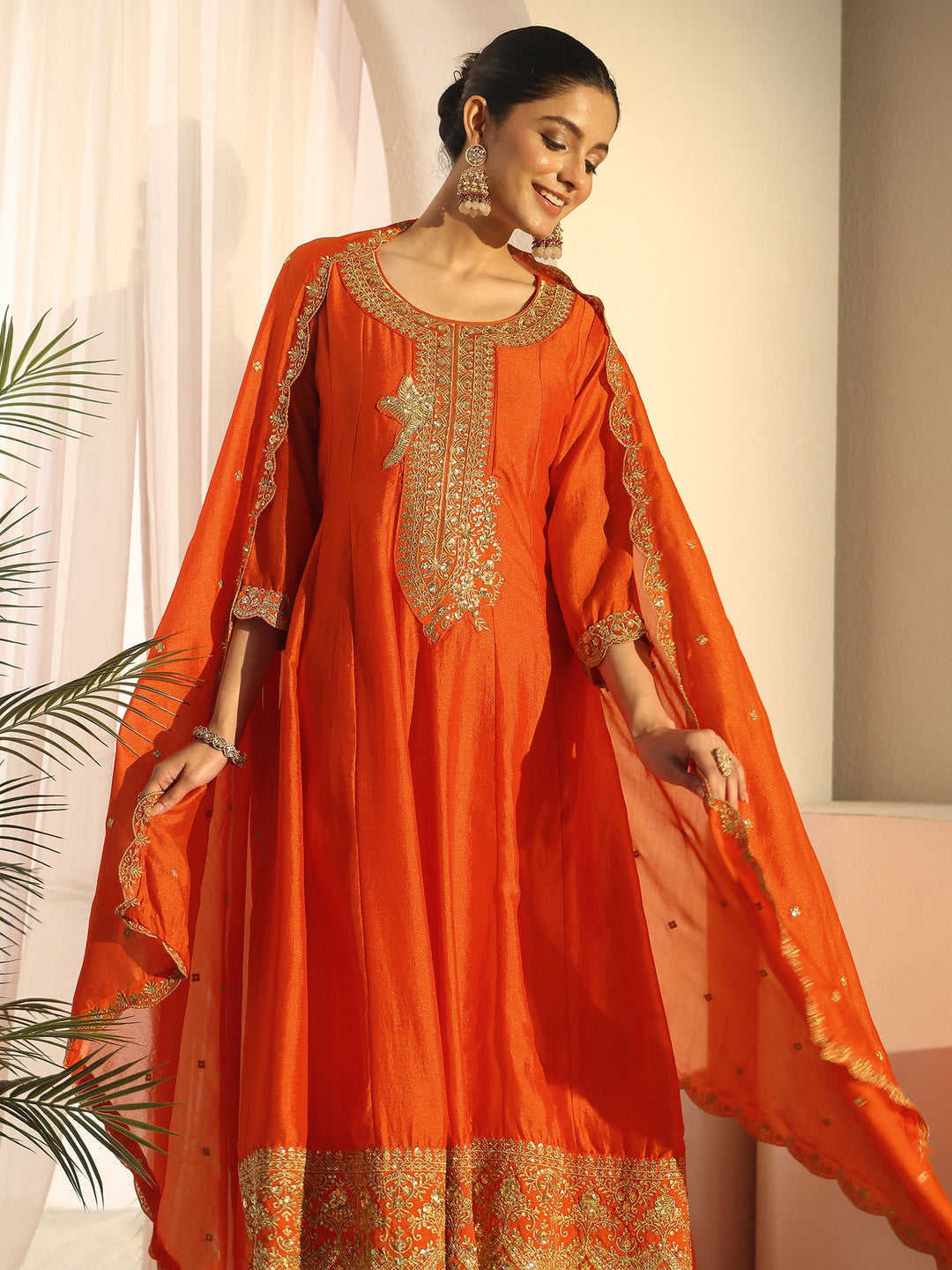 Libas Orange Yoke Embroidered Silk Blend Anarkali Suit Set