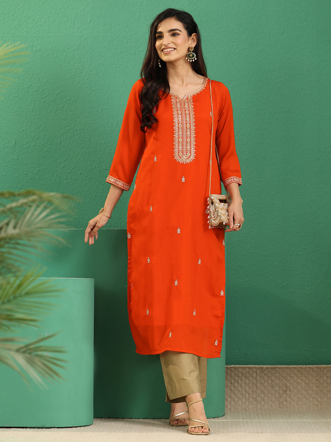 Libas Orange Yoke Embroidered Silk Blend Straight Kurta