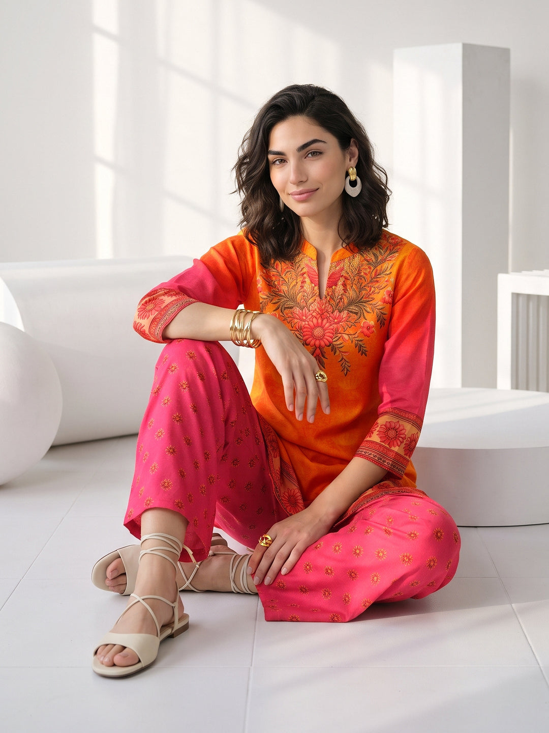 Libas Orange and Pink Printed Chiffon Straight Kurta Set