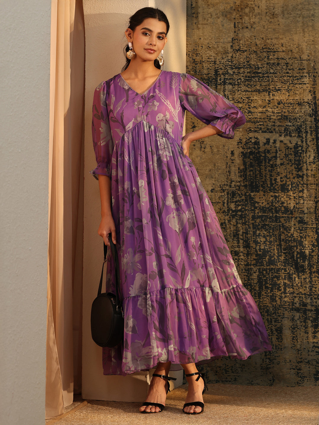 Buy Libas Orchid Purple Floral Printed Empire Chiffon Dress Online in Canada at $36.00