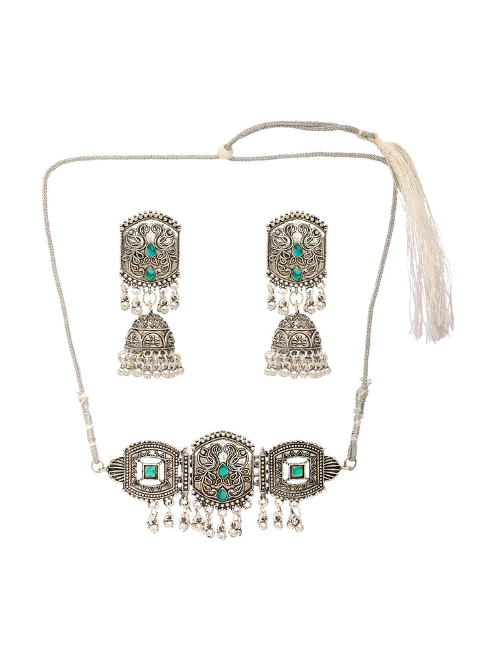 Libas Oxidised Silver Peacock Choker Necklace Set