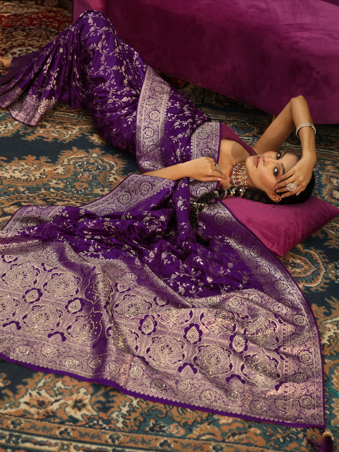 Libas Pansy Purple Floral Woven Design Satin Saree