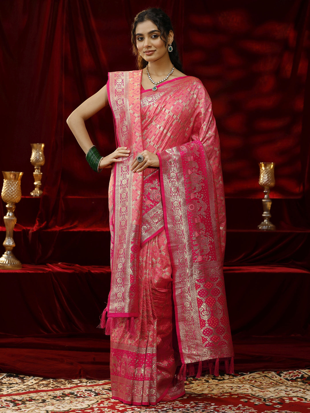 Libas Peach Badhani Woven Design Silk Blend Saree with dupatta
