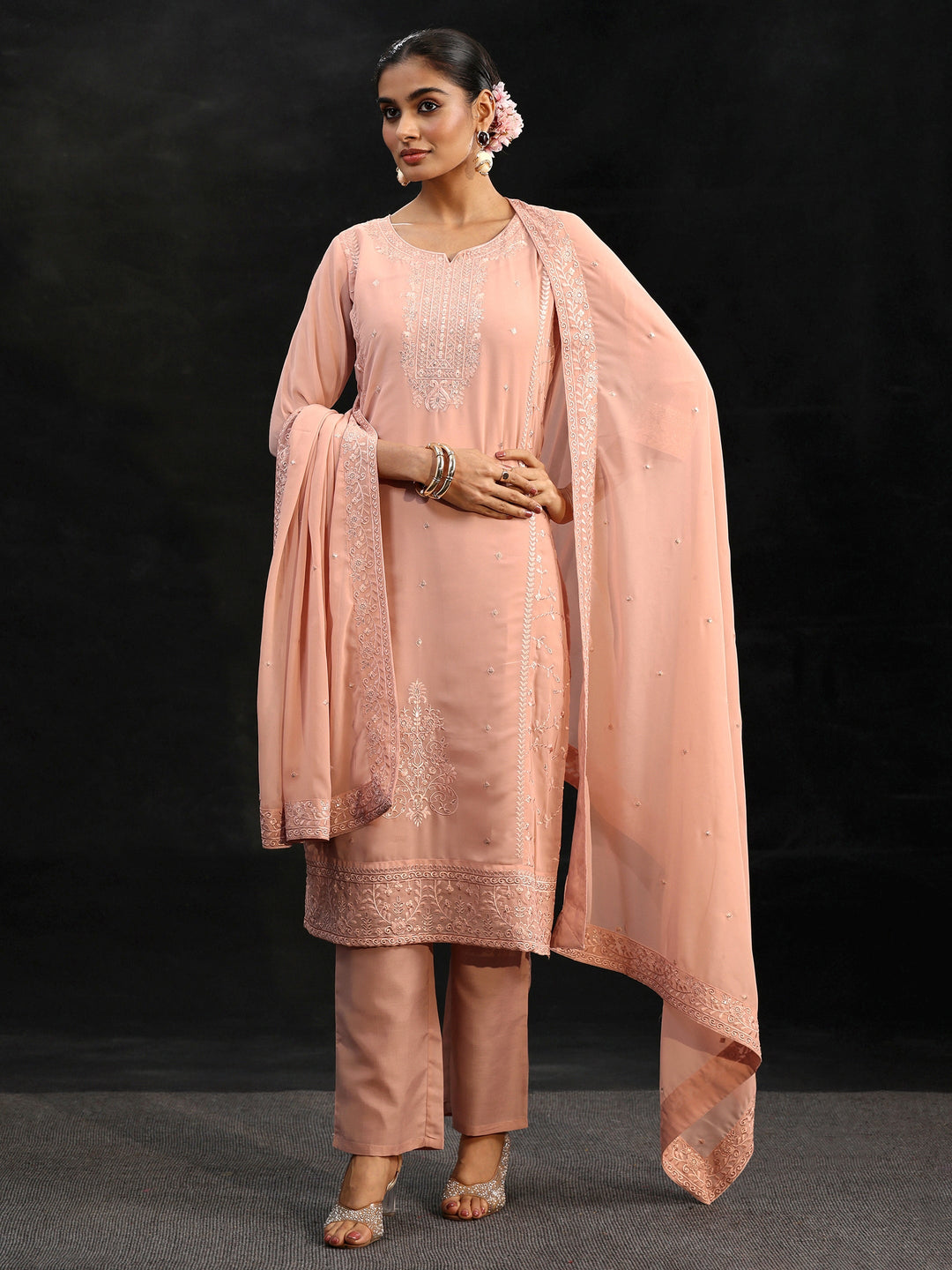 Libas Peach Embroidered Georgette Straight Suit Set