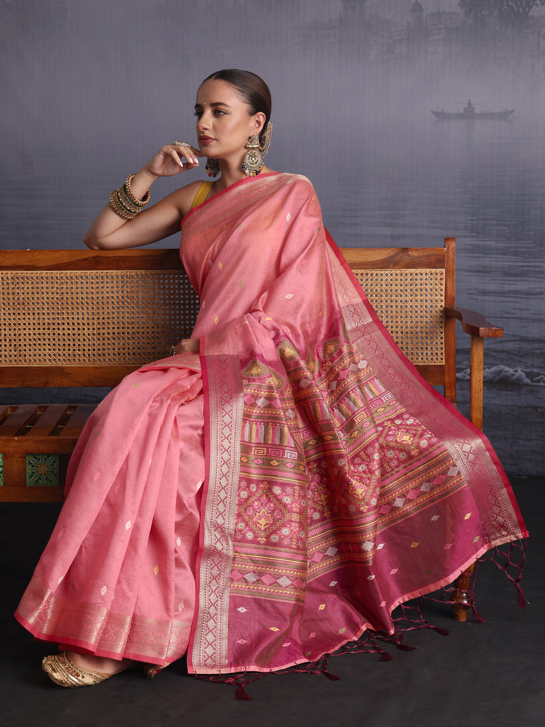 Libas Peach Embroidered Pallu Silk Blend Saree