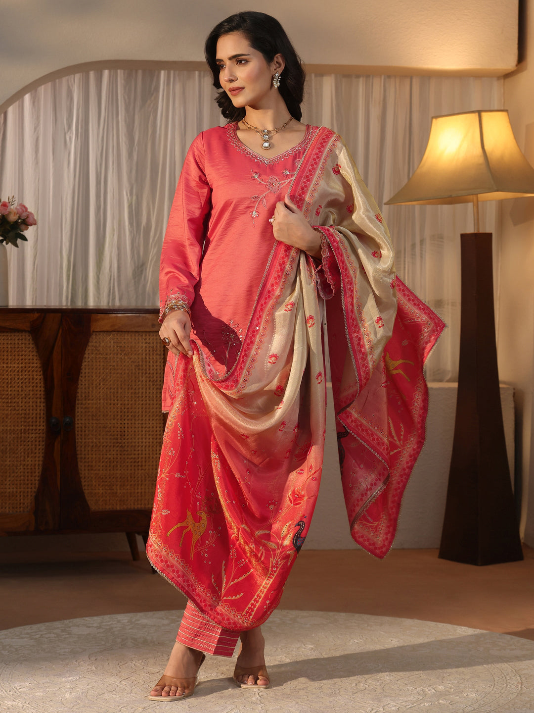 Libas Peach Embroidered Silk Blend Straight Kurta Set