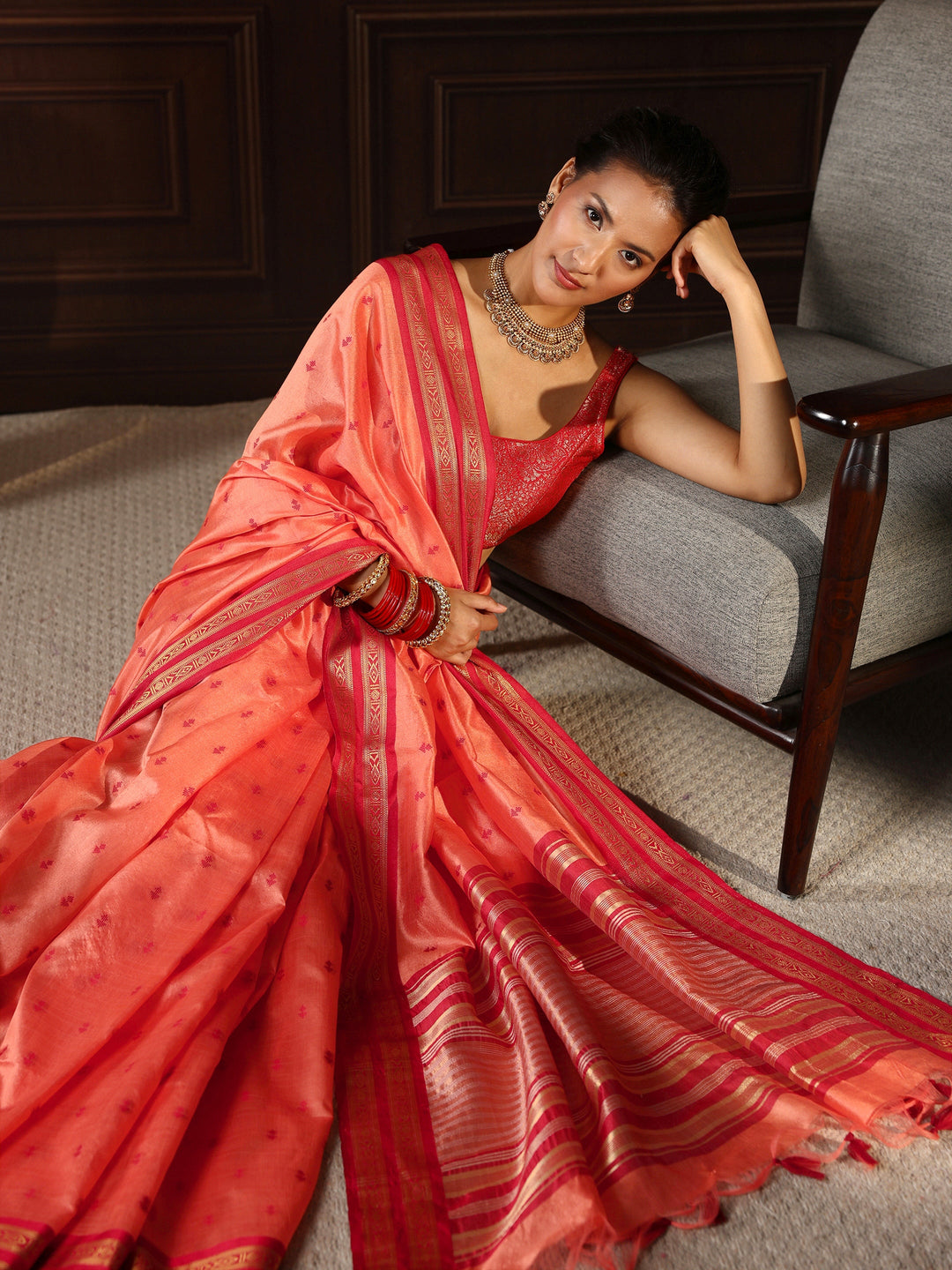 Libas Peach Ethnic Motif Woven Design Silk Blend Saree