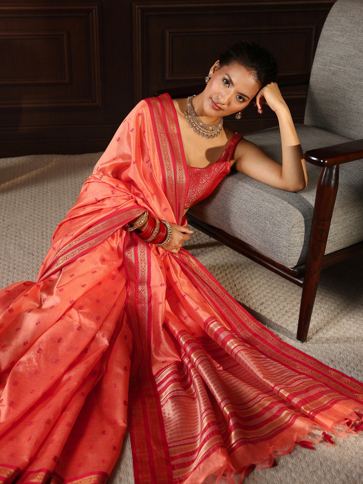 Libas Peach Ethnic Motif Woven Design Silk Blend Saree