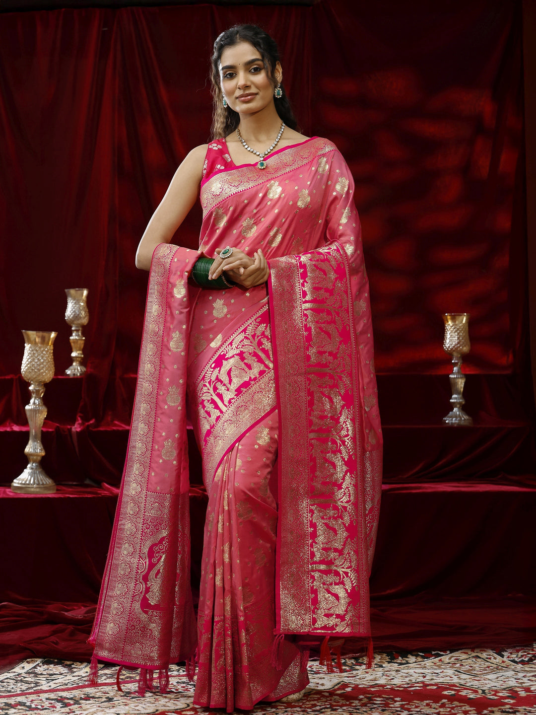 Libas Peach Ethnic Motif Woven Design Silk Blend Saree with dupatta